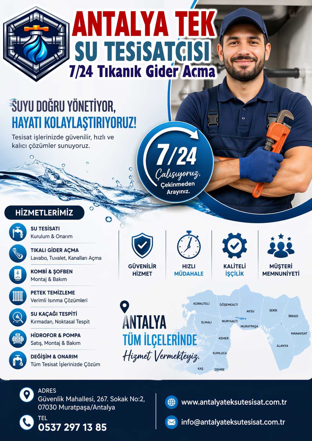 Modern ekipmanlarla donatılmış araçlarımız sayesinde her türlü tesisat sorununa yerinde müdahale ediyor, zamandan tasarruf sağlayarak hızlı çözümler üretiyoruz Antalya genelinde